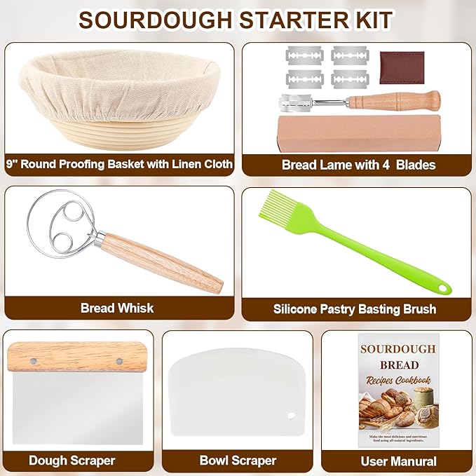 Sourdough Starter Kit, Banneton Bread Proofing Basket Set, 9" Round Proving Basket, Complete Sourdough Bread Baking Supplies and Tools, Bread Making Kit - Gift for Bakers Men Women