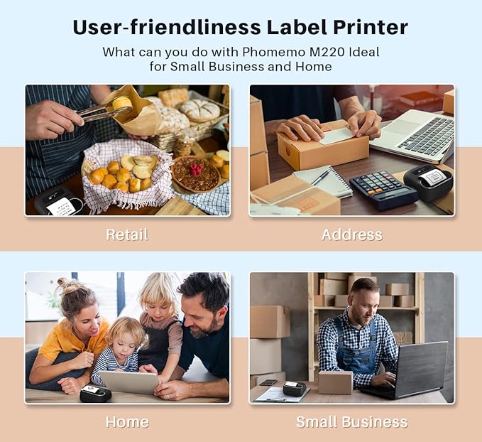 Phomemo M220 Bluetooth Label Maker - 3.14" Portable Thermal Printer with 3 Label, 2200mAh Battery, iOS/Android Compatible, for Small Business Home Office Organization & Barcodes