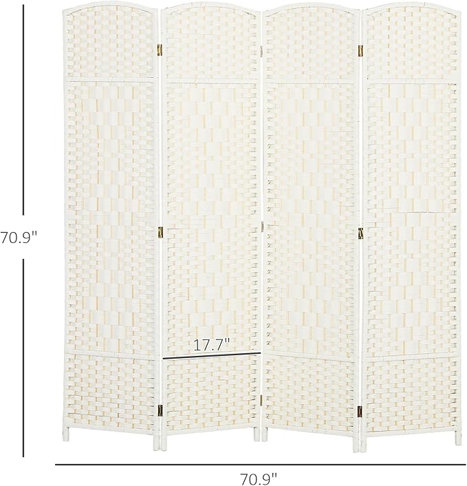HOMCOM 4 Panel Room Divider, 6' Tall Folding Privacy Screen, Woven Freestanding Wall Partition for Home Office, Bedroom, White