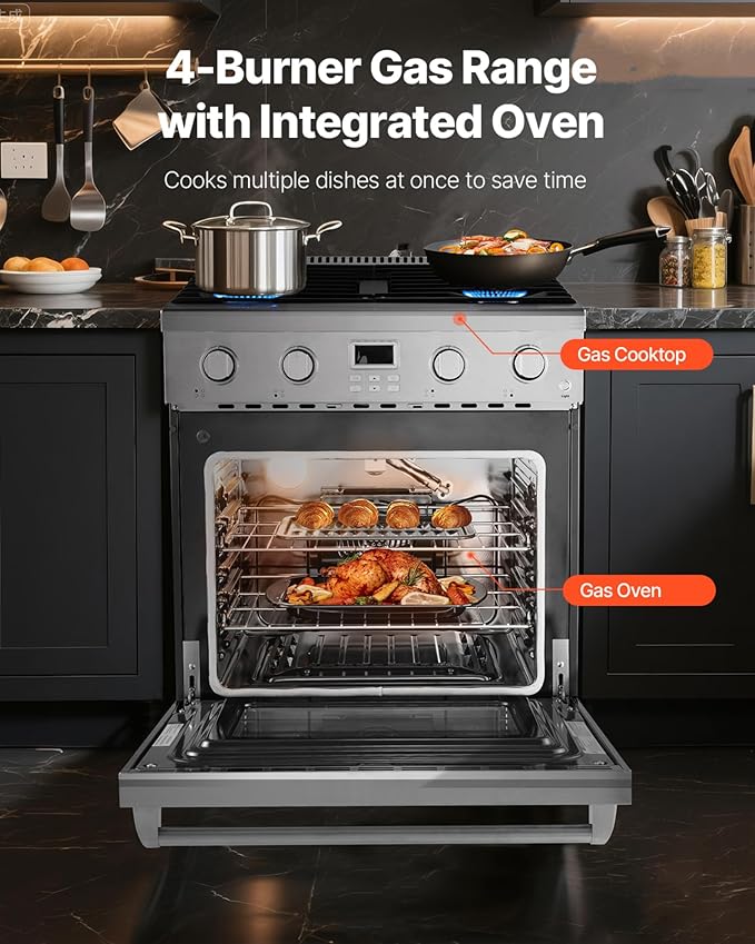 VEVOR Gas Range Oven, 30 Inches Width, Freestanding Stainless Steel Stove and Oven with 4 Sealed Cooktop Burners, Easy Reach Racks, Halogen Light, 4.8 Cu. Ft. Capacity, for Home Apartment Kitchen