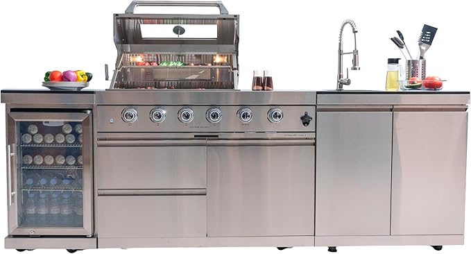 98-Inch Natural Gas Outdoor Kitchen Island - 72000 BTU 4-Burner Grill with Refrigerator, Granite Countertops & Rotisserie, Silver
