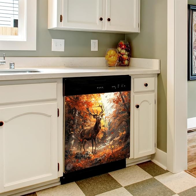 Dishwasher Magnet Cover Front Dishwasher Cover Decoration Reusable Magnetic Door Cover Panel Decal Home Appliances Stickers Kitchen Refrigerator Fridge Autumn Forest Deer 23"x26"