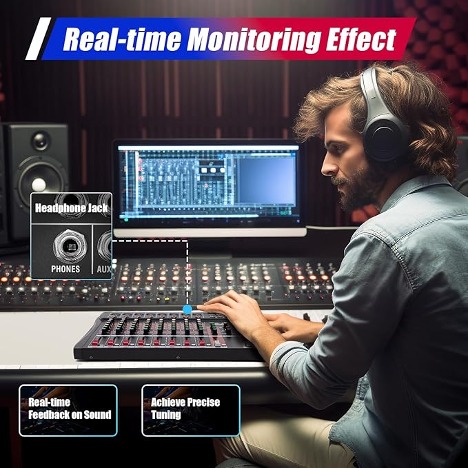 8 Channel Professional Audio Mixer, DJ Controller Sound Mixer Bluetooth Compatible Bluetooth Sound Board DJ Mixers with 48V Phantom Power USB Interface Stereo Mixing Console