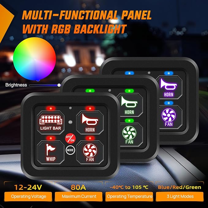 Nilight 4 Gang Switch Panel 12V 24V Universal Circuit Control Relay System with RGB Backlight Fuse Wiring Harness Automatic Dimmable ON Off LED Pod for Car Pickup Truck Camper SUV