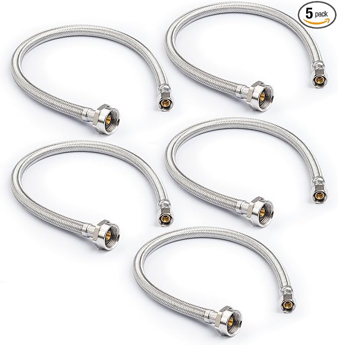 Stainless Steel Braided Water Connectors with Reinforced PVC Inner Hose for Toilets, 3/8" Compression x 7/8" Metal Ballcock, 12" Length (5Pack)