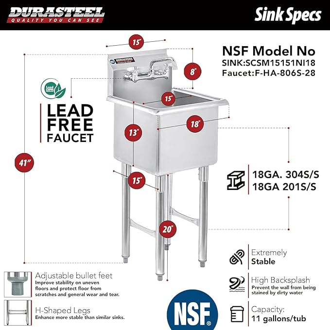 DuraSteel 304 Commercial Stainless Steel Utility Sink - 15 Inch Tub Freestanding Prep Kitchen Sink w/Faucet - NSF Hand Wash Station for Kitchen Sinks, Outdoor, Laundry Room, Garage Small Kitchenette