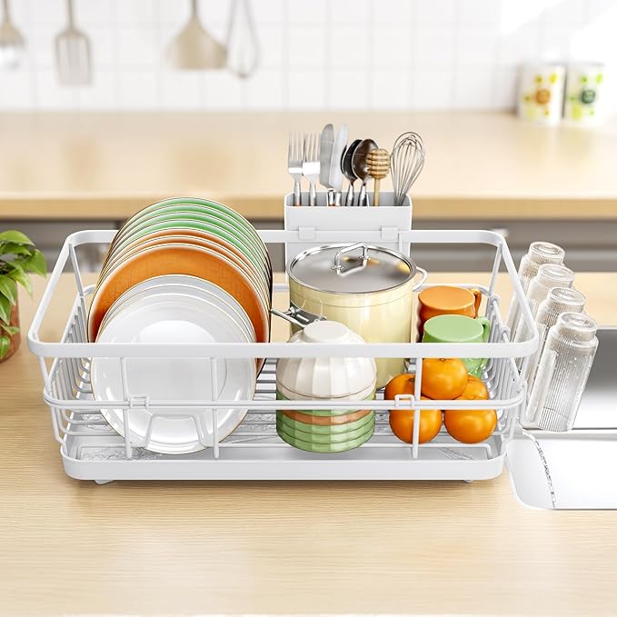 TOOLF Large Dish Drying Rack for Kitchen Counter,Kitchen Dish Racks with Drainboard,Sink Dish Strainer Rack,Countertop Dish Drainer Rack with Cup & Utensil Holders,White