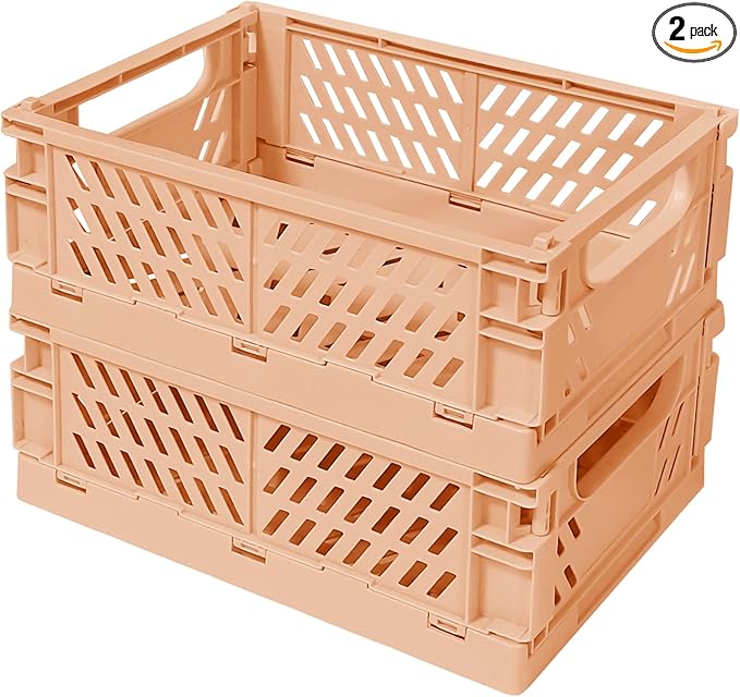 Pastel Plastic Storage Baskets 2 Pack, Collapsible Crates for Organizing, Space-Saving Bins for Kitchen, Office, Bedroom (Orange, Medium:9.8" x 6.5" x 3.8")