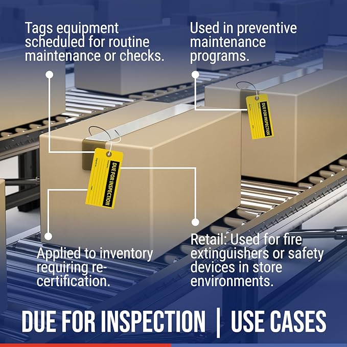 Tags 4 Less Production Quality Control Hang Tags – Equipment Preventative Maintenance Labels, for Easy Record-Keeping for Inventory Status (Due for Inspection, Pack of 100)