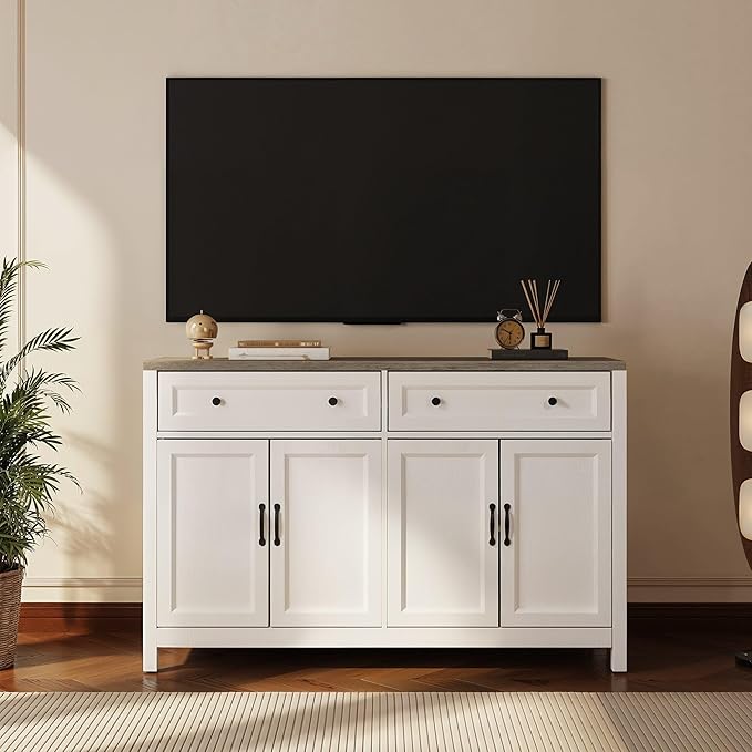 Gizoon Farmhouse Kitchen Sideboard Buffet Cabinet with Storage, Wood Coffee Bar and Storage Sideboard with Drawers and Doors for Kitchen, Dining Room, 15.7" D x 55.1" W x 35.3" H, White/Grey