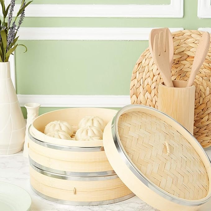 Juvale 2-Tier Steamer Pot Insert with Steel Rings - 10" x 6.5", Beige - Bamboo & Steel Stackable Basket for Rice & Dumpling Steamer for Vegetables