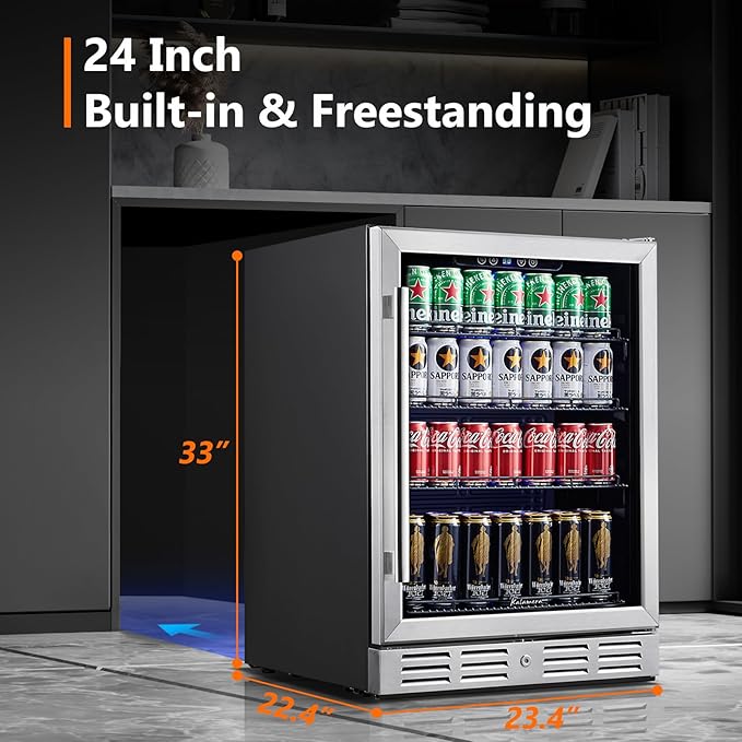 24 Inch Under Counter Beverage Fridge -Max 164Cans Capacity Drink cooler,Wide 24''Perfectly for Built in Space, Adjustable shelves for any size beverage/beer/soda Transparent door Refrigerator