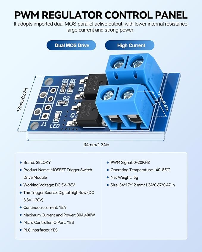 6PCS Dual High-Power MOSFET Trigger Switch Drive Module 0-20KHz PWM Adjustment Electronic Switch Control Board Motor Speed Controller Lamp Brightness Control, DC 5V-36V 400W, 15A (Max 30A)