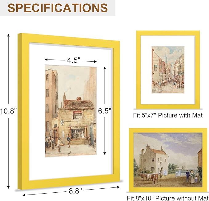 Vittanly 8x10 Picture Frame, Solid Wood Frame with Plexiglass, Includes 5x7 Mat, Wall Hanging or Tabletop for Home Decor, Yellow, 1 Pack