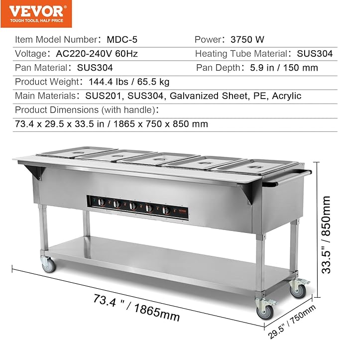VEVOR 5-Pan Commercial Food Warmer, 5 x 20.6QT Electric Steam Table, 3750W Professional Buffet Catering Food Warmer with 4 Wheels (2 Lockable), Food Grade Stainless Steel Server for Party Restaurant