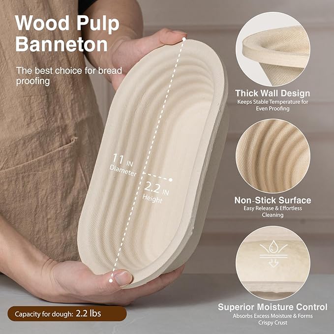 Wood Pulp Banneton Bread Proofing Basket Set, Banneton Basket Kit, Sourdough Bread Baking Supplies Making Tool (Oval Banneton Basket Set)