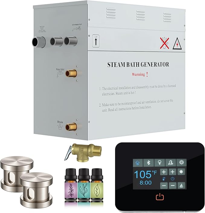 Builders Series 10.5kW Steam Bath Generator with Quickstart Continuous Steam, Black Digital Touch Pad, Built-in Auto-Drain, and Aroma Steamhead in Brushed Nickel
