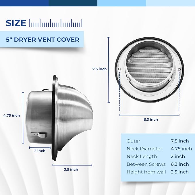 Fits 5" Neck Dryer Duct | Stainless Steel Round Exhaust Air Dryer Vent Cover Hood with Rubber Seal - Rust-Resistant, Weatherproof and Efficient Airflow Exterior Wall Outlet Duct Ventilation Grille