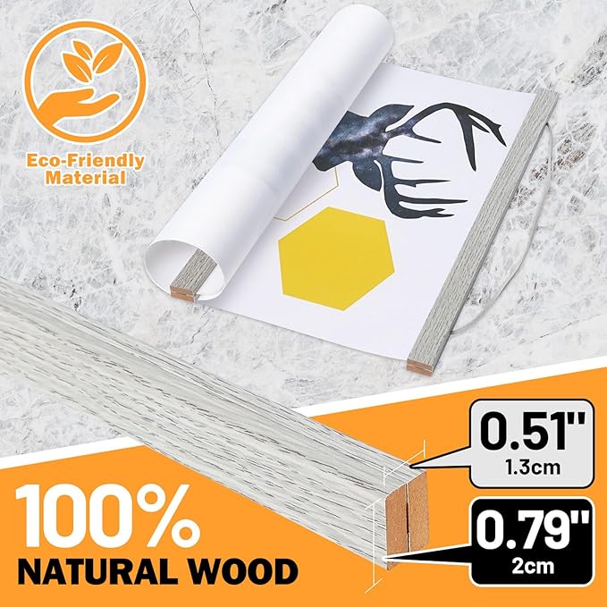 Magnetic Poster Hanger, 14x22 14x20 14x24 Poster Frame Wood Wooden Magnet Print Posters Dowel Scroll Hanger Hangers Hanging Kit for Walls Map Canvas Artwork (Grey, 14")