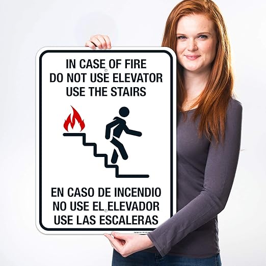 in Case of Fire Do Not Use Elevator Use The Stairs Bilingual Sign, Fire Safety Sign, 18x24 Inches, 55 mil Thick HDPE (high Density polyethylene), Made in USA