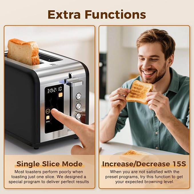 2 Slice Easy Touch Screen Toaster, Stainless Steel Toaster with Wide Slots, Even Toasting for Bagels & Bread, Reheat & Defrost, Removable Crumb Tray, Matt Black