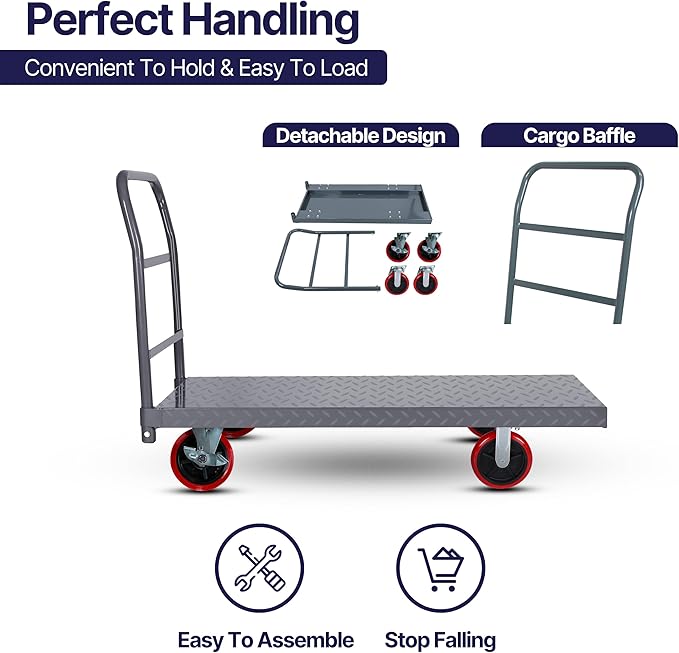 5Seconds Flatbed Platform Cart 3300LB Industrial Dolly Heavy Duty 48” x 24” Platform Hand Push Truck Super Heavy Duty Diamond Plate Flatbed Cart 8'' Swivel Wheels with Lock