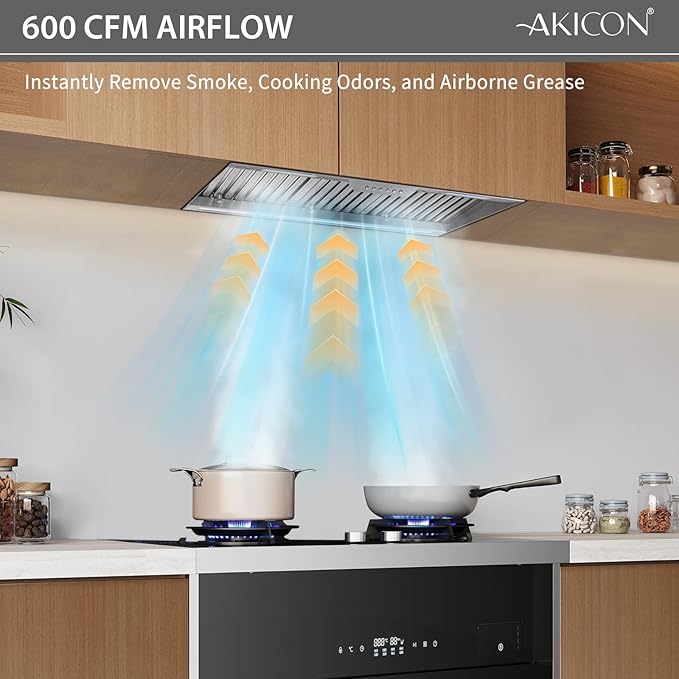 Akicon 36 Inch Range Hood Insert with Heater Sensor, 600 CFM Ultra-Quiet Stainless Steel Ducted Vent Hood Insert with 4 Speed Fan, Dimmable LED Lights and Dishwasher Safe Filters