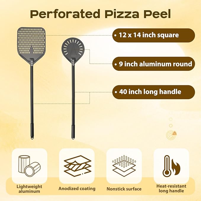 5-Piece Pizza Oven Kit, 9 Inch Turning Peel & 12 Inch Perforated Pizza Peel with 40 Inch Aluminum Handle, Pizza Oven Brush, Ash Rake, Pizza Fork for Home & Commercial Use