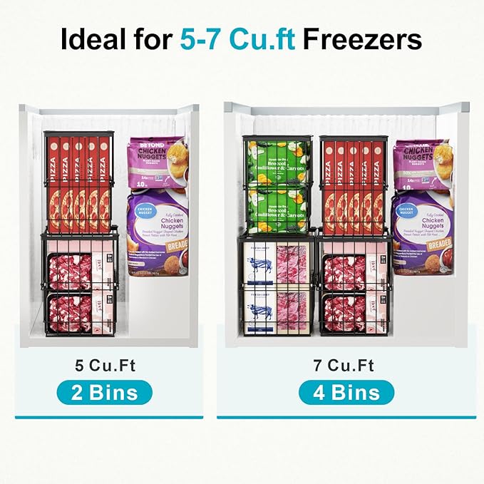 iSPECLE Deep Freezer Organizer Bins - 4 Pack Large Adjustable Freezer Organizer Bins for 5 to 7 Cu.Ft Chest Freezer, Stackable No Wasted Space, Easily Access Pizza (≤12") without Digging, Black