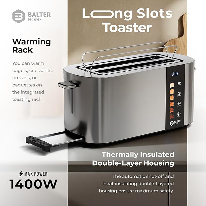 Toaster 4 Slice Wide Slot, Bagel Function, Long Slot, Stainless Steel, Touch Screen, Built-in Rack, Extra-Wide 1.5" Slots for Thick Breads & Bagel, Timer, BPA-Free, 6 Levels, Removable Tray