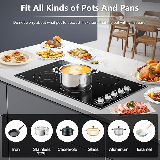 AMZCHEF 8900W Electric Cooktop 36 Inch, Built-in Electric Cooktop 5 Burner Stove Top, 36" Radiant Stovetop with Knob Control, 220-240V for Hard Wire