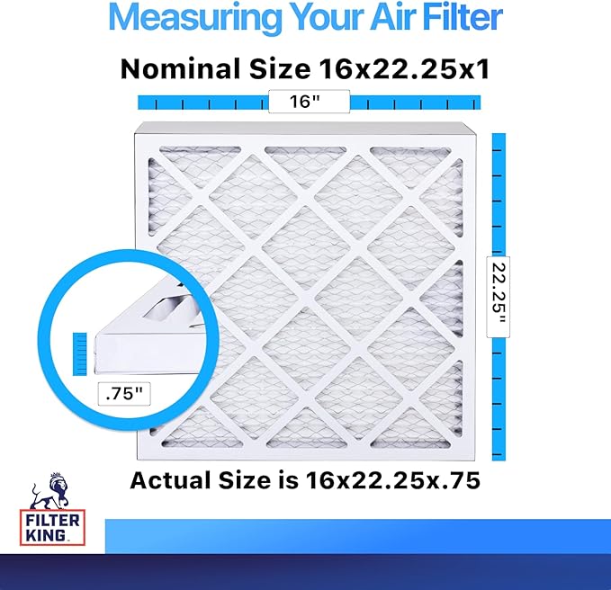 Filter King 16x22.25x1 Air Filter | 3-PACK | MERV 8 HVAC Pleated A/C Furnace Filters | MADE IN USA | Actual Size: 16 x 22.25 x .75"