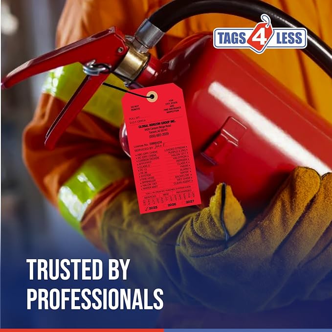 Tags 4 Less Custom Fire Extinguisher Tags – Preventative Maintenance Labels for Monthly Inspections, Alternative to Safety Sticker for Easy Record-Keeping – Pack of 100 (Red, Cardboard)