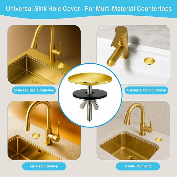 2 Inch Faucet Hole Cover, Sink Hole Cover, Solid Brass Polished Gold Finish Kitchen Sink Tap Hole Plate Stopper Cover for Home Kitchen and Bathroom, Kitchen Sink Hole Covers (Gold)