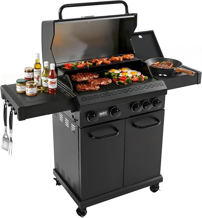 4-Burner Propane Gas Grill, 50,000 BTU Heavy Duty Outdoor BBQ Grill with Side Burner, Cast Iron Cooking Grates & Griddle for Backyard Barbecue