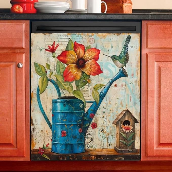 Farm Floral Watering Can Dishwasher Magnet Cover,23" x 26" Dishwasher Cover,Retro Countryside Bird House Magnetic Decal Vinyl Sticker Kitchen Decor Refrigerator Magnets Self Adhesive Wrap
