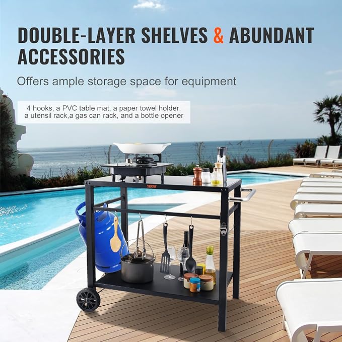 VEVOR Outdoor Grill Cart with Double-Shelf, BBQ Movable Food Prep Table with PVC Placemat, Black Iron Table Top, Portable Modular Carts for Pizza Oven, Worktable with 2 Wheels, Carry Handle