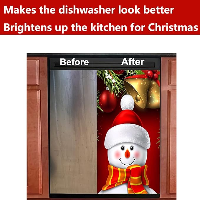 Dishwasher Magnet Cover Panel for The Front, Christmas Red Snowman Bell Magnetic Covers Sticker Decal Washing Machine Cover Decorative Home Season Decor,26x23
