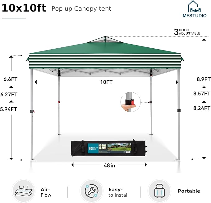 MFSTUDIO 10x10 Pop Up Canopy Tent, Gazebo Shelter Sun Shade Canopies Waterproof Patio Portable Popup Tents for Beach,Parties,Camping,100 Sq,Green Stripe