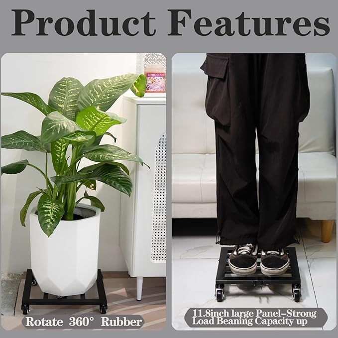 Heavy Duty Plant Caddy with Wheels 12Inch - 200lb Weight Capacity - Steel Rolling Plant Stand for Indoor and Outdoor Use - Lockable Wheels - Black