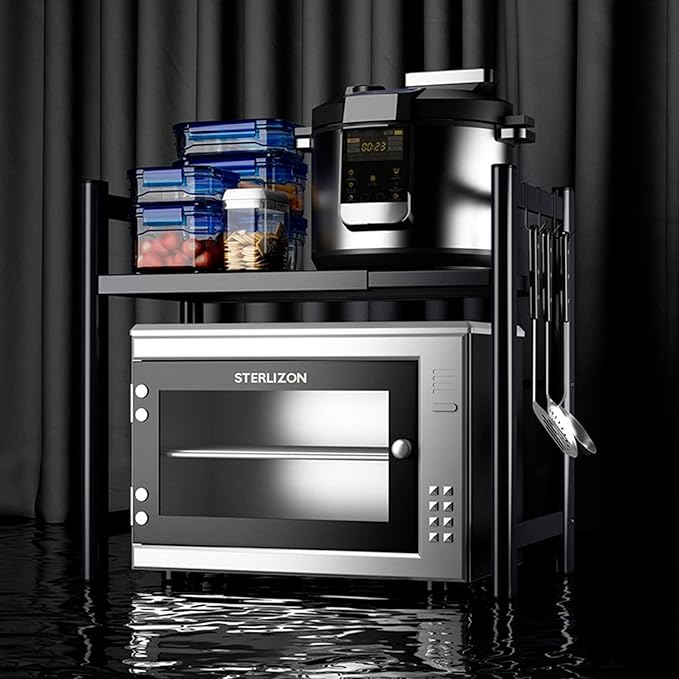 Microwave Oven Rack, Double Layer Carbon Steel Adjustable Microwave Shelf, Toaster Rack Heavy Duty Stand Kitchen Countertop Organizer, 55 lb Load Bearing, 2 Tier with 6 Hooks (Black)