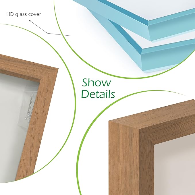 FrameWorks 11” x 14” Golden Oak Wooden Shadow Box Frame – Display Case with Soft Felt Back, Memory Box with Tempered Glass, Display Box with Elegant White Ball Push Pins, Wooden Flower Box