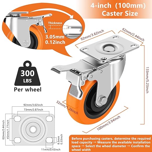 Caster Wheels, 4" Casters Set of 4 Heavy Duty - Dual Pedal Locking Casters with ON/Off Tabs (Easier to Operate), Swivel Plate Caster, No Marks Castor Wheels for Carts Furniture and Workbench
