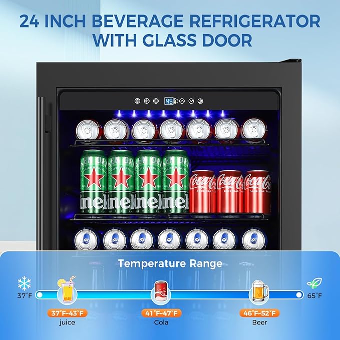 24 Inch Wide Beverage Refrigerator, Under Counter 24" Beverage Cooler with Glass Door, 180 Cans Drink Fridge Built-in/Freestanding Beer Fridge with Powerful Cooling for Home/Kitchen, Black