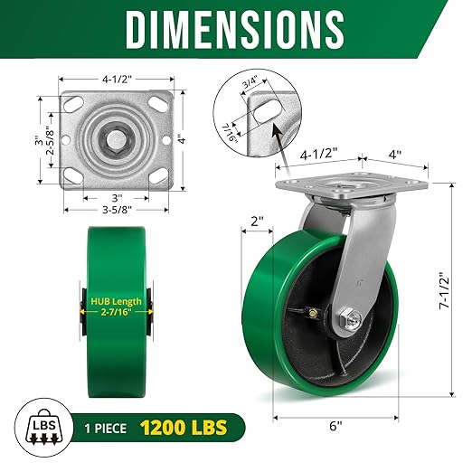 6" Caster Wheels, Heavy Duty Caster with Strong Load-Bearing, Polyurethane Wheel on Steel Hub, Plate Caster for Carts, Pallet Trucks, Industrial Equipment(1 Pack Swivel)