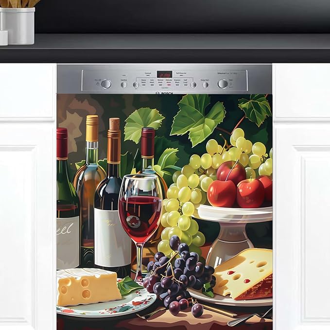 Red Wine Dishwasher Magnet Cover Red Wine Oil Painting Abstract Dishwasher Decorative Cover Front Dishwasher Door Cover Reuseable Dishwasher Cover for Kitchen Refrigerator Home Appliances 23" X 26"