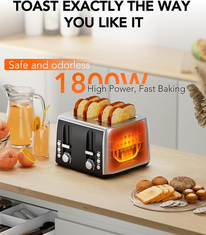 Cowsar Toaster 4 Slice Retro Stainless Steel, Compact 4 Slice Toaster with Extra Wide Slots for Toasting Bread, Bagel, Cancel/Bagel/Defrost Function, Toast Boost, 6 Shade Settings