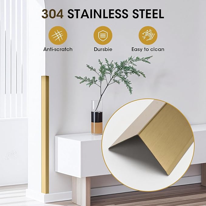 Stainless Steel Wall Corner Guards, 2 x 2 x 48 inches (Golden 10 Pcs Pack). Made of 304 Steel, These 90-Degree Angle Metal Corner Protectors are Designed for Wall Protection and Decoration