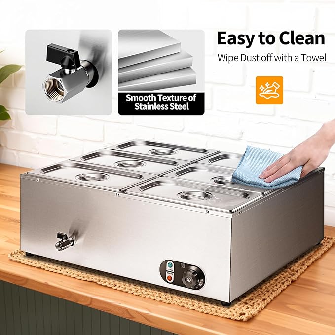 Commercial Food Warmer 48 Qt Stainless Steel Steam Table Countertop Buffet Warmer, 6-Pan 1500W Electric Bain Marie Food Warmer with Adjustable Temperature for Restaurants, Catering, Hotels