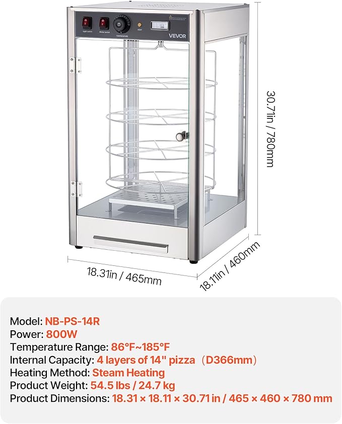 VEVOR Commercial Food Warmer Display, 4-Tier Pizza Warmer with Rotary Steam Heating for 14 in Pizza, 86℉~185℉ Temperature Control and Temp Display, 25W Oven Light + Top LED for Pizza Shop, Restaurant